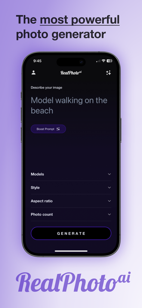 Benutzeroberfläche der Real Photo AI-App mit Optionen zur Generierung eines Bildes aus einer Textaufforderung.