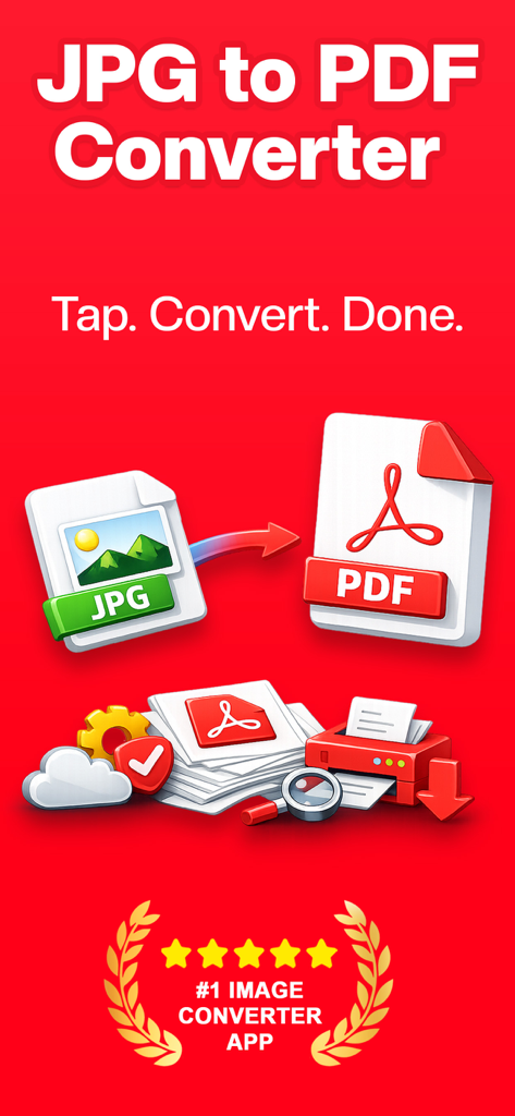Screenshot der JPG-zu-PDF-Konverter-App, der die einfache Bildkonvertierung und eine Fünf-Sterne-Bewertung zeigt