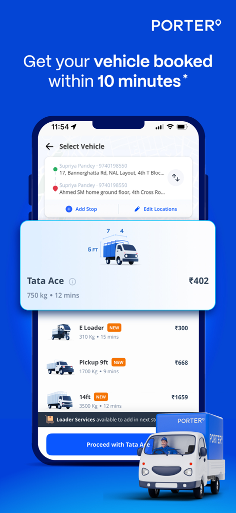 Porter logistics app screen showing various delivery vehicle options like mini trucks and tempos with upfront pricing for booking.