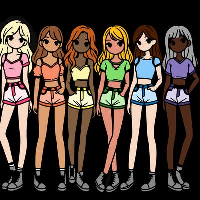 a group of girls wearing crop tops and shorts