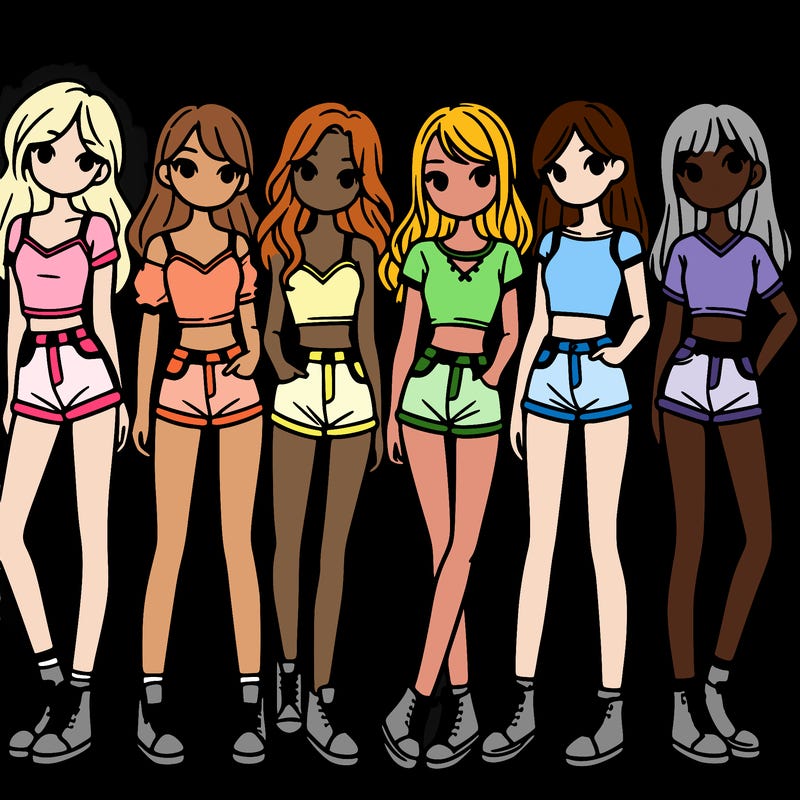 a group of girls wearing crop tops and shorts