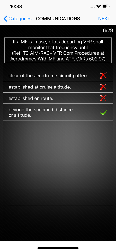 PSTAR Plus - Transport Canada - A multiple choice quiz screen in the PSTAR Plus app showing a question about aviation communication procedures with correct and incorrect answer indicators