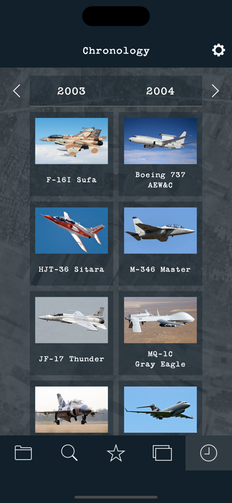 Chronological grid view of military planes and drones in the reference app