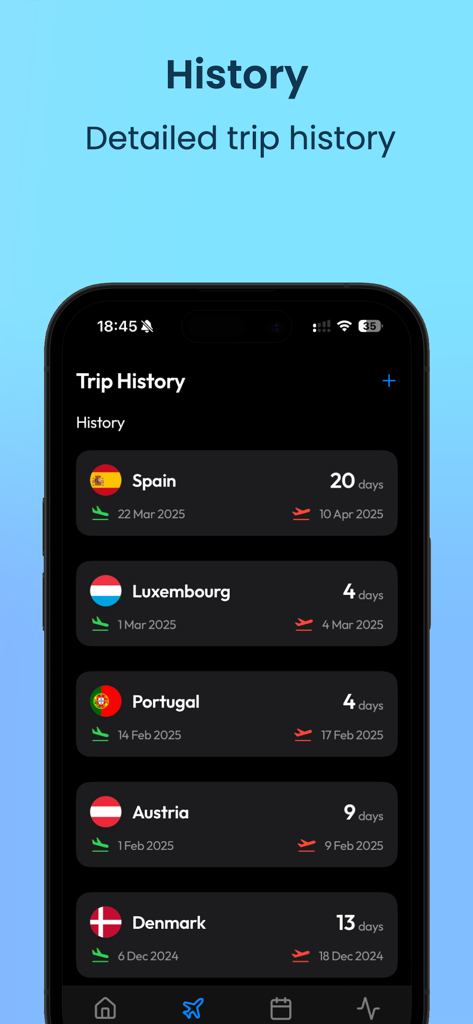 Mobile app interface showing a list of past European trips with entry and exit dates for visa tracking