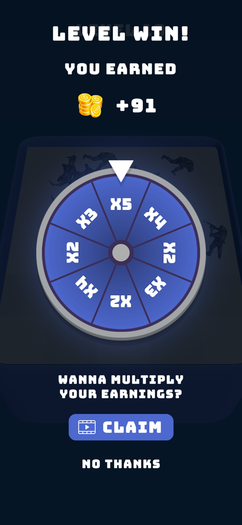 Merge Master: Cosmic Incursion - Level win screen in Merge Master showing a multiplier reward wheel for earned coins.