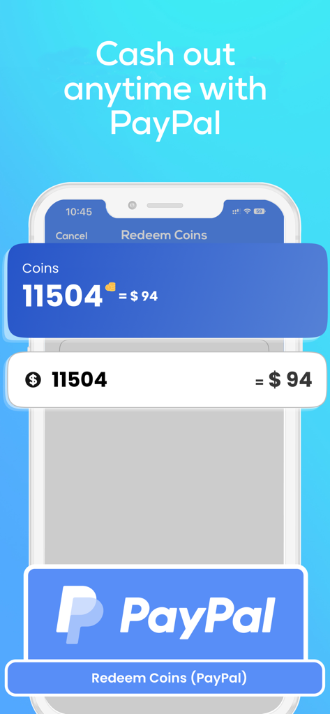 Duelit app screen showing coin redemption for real money via PayPal