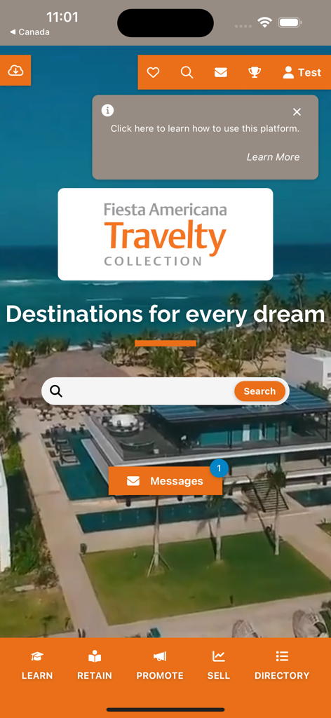 FA Travelty Collection Expert - Pantalla de inicio de la aplicación Experto en la Colección Fiesta Americana Travelty con una barra de búsqueda y herramientas para asesores de viajes para aprender y promocionar