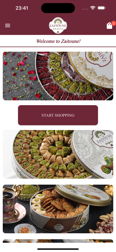 Zaitoune - Home screen of the Zaitoune app featuring decorative tins of Middle Eastern sweets and a start shopping button