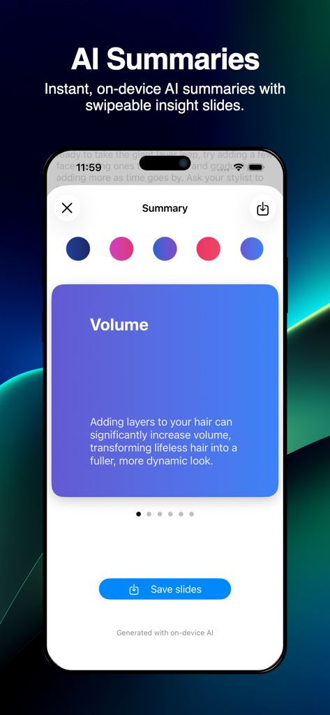 Allwomenstalk - A mobile screen showing an AI-generated summary slide about increasing hair volume through layering in the Allwomenstalk app.