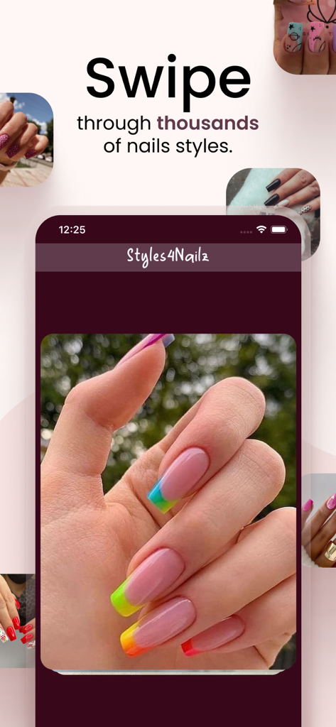 Styles4Nailz – Nail Designs - Styles4Nailz mobile app interface showing a hand with rainbow french tip nail designs and a swipe navigation feature
