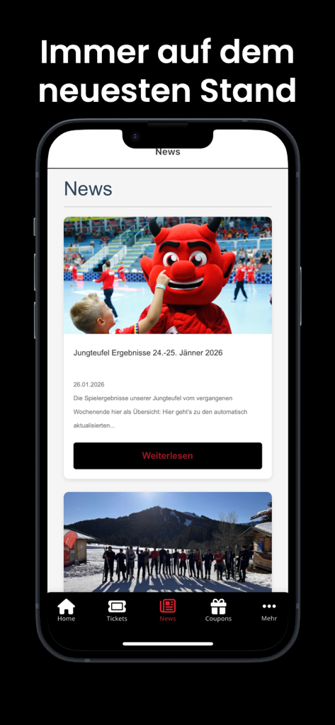 HC Hard App - News feed of the HC Hard App showing latest handball team results and a red devil mascot