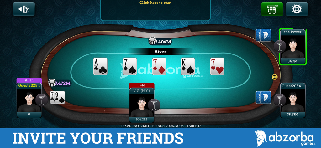 Interface de mesa de poker multiplayer em Poker Live Omaha and Texas com um banner de convidar amigos