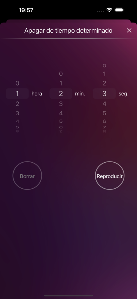 Tela de configuração do timer para dormir no aplicativo de rádio MyRadioEnVivo Argentina mostrando a seleção de horas e minutos