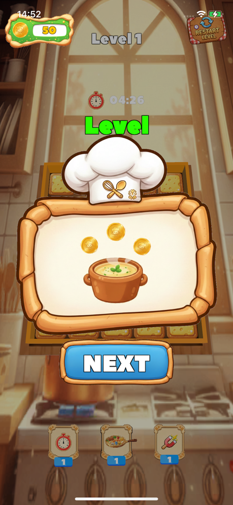 Pantalla de éxito de nivel de Dairy Insight match con un sombrero de chef de dibujos animados y recompensas de sopa