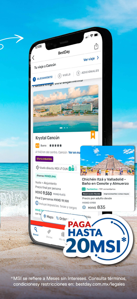 BestDay mobile app interface featuring hotel and tour bookings in Cancun with a 20 month interest-free payment badge.