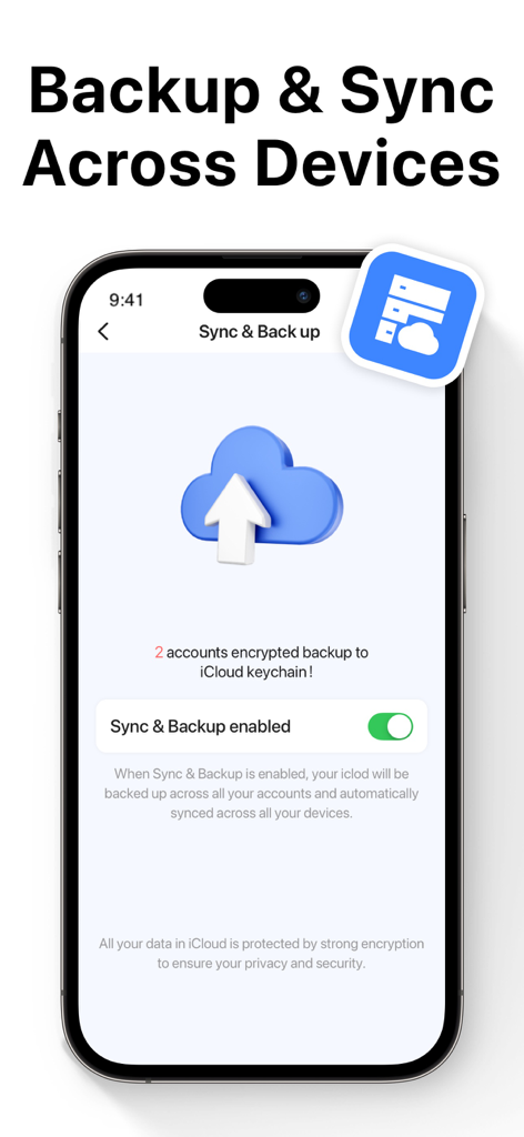 Pantalla de Authenticator App mostrando la función de copia de seguridad y sincronización habilitada para almacenamiento seguro en la nube