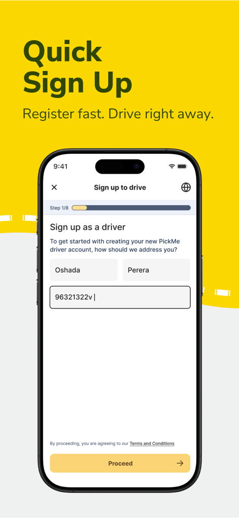 The quick sign up screen for the PickMe Driver Partner app showing the first registration step.