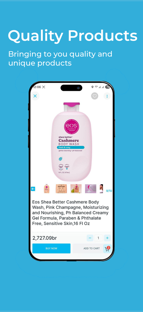 Brundo Shopping - Ethiopia - A product page on Brundo Shopping app showing EOS cashmere body wash with price in Ethiopian Birr.