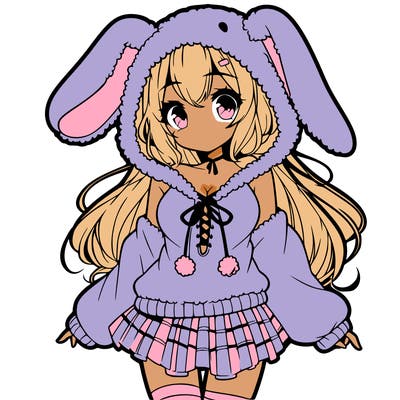 pretty anime girl wearing a fluffy hoodie with bunny ears on the hood and a skirt