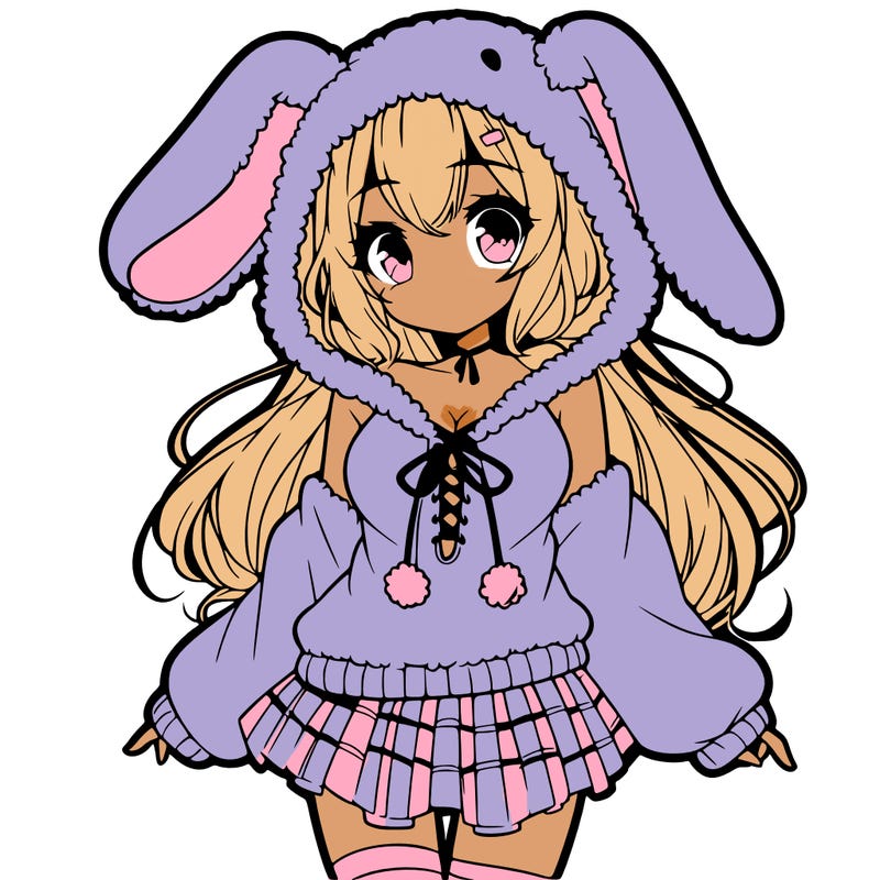 pretty anime girl wearing a fluffy hoodie with bunny ears on the hood and a skirt
