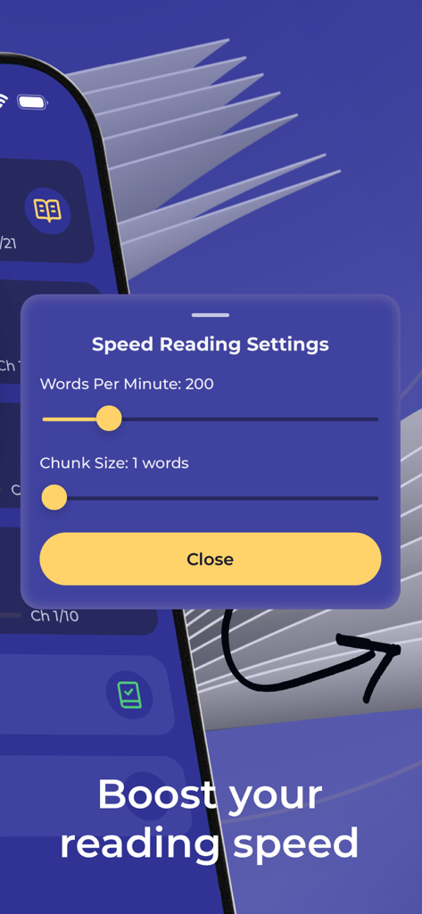 Readly: EPUB Speed Reading - User interface showing adjustable speed reading settings for words per minute and chunk size