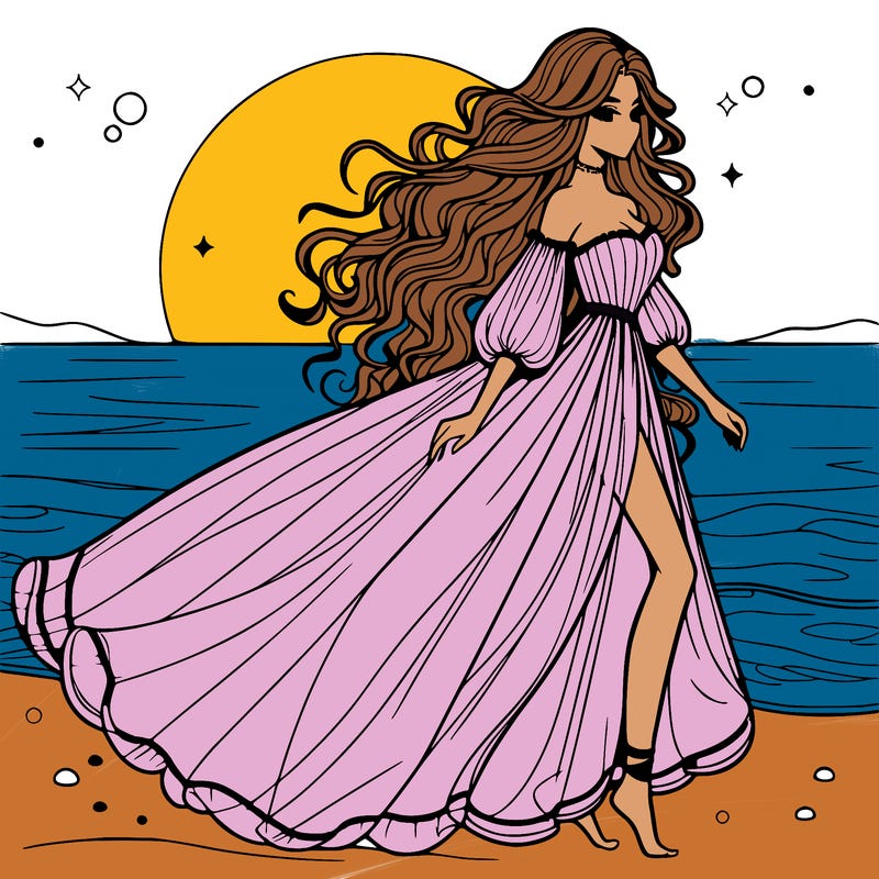 beautiful woman with a vaporous long dress walking on the beach at the noon, detailed art