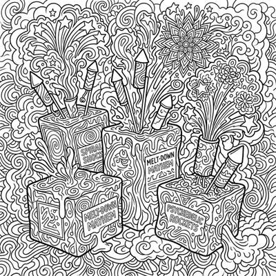 Prepare for an explosion of color with this vibrant psychedelic firework finale boxes coloring page. Immerse yourself in a world of swirling patterns and dynamic bursts, perfect for an imaginative coloring experience.