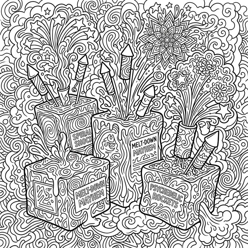Prepare for an explosion of color with this vibrant psychedelic firework finale boxes coloring page. Immerse yourself in a world of swirling patterns and dynamic bursts, perfect for an imaginative coloring experience.
