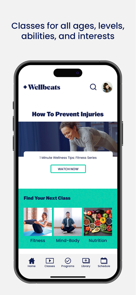 Wellbeats wellness app interface showing fitness, mind-body, and nutrition class categories.