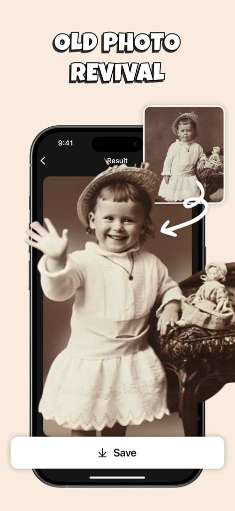 Restauração de IA de uma foto antiga vintage usando o recurso do aplicativo Pika Art.