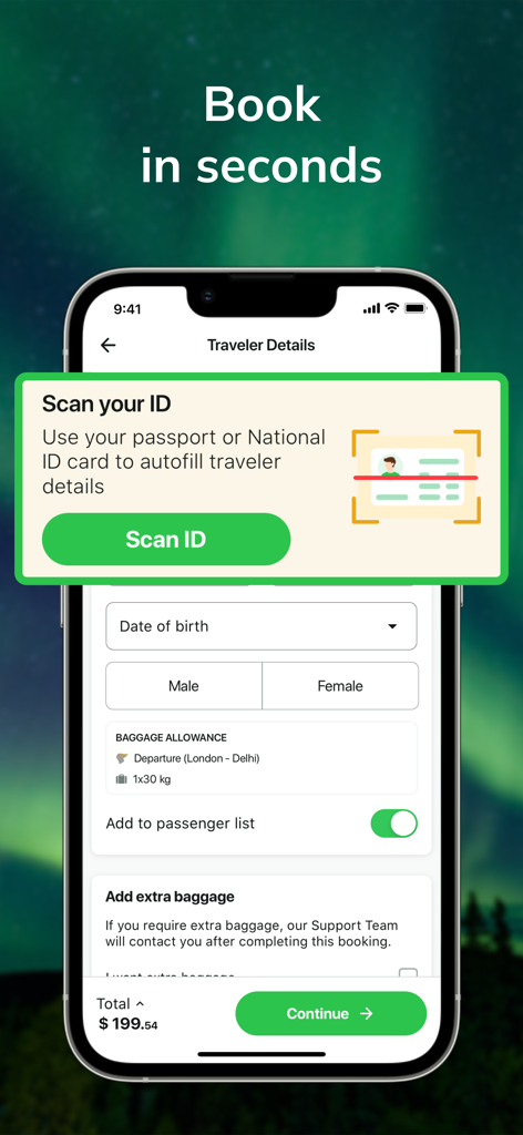 WINGIE - Book Cheap Flights - WINGIEアプリのインターフェース。IDスキャン機能が表示され、旅行者の詳細を自動入力してより迅速なフライト予約を行います。