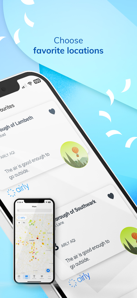 Airly app interface displaying saved favorite locations with real-time air quality index and a local sensor map.