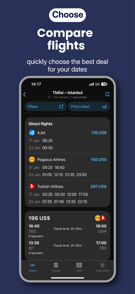 Avia.ge App Flugsuche-Ergebnisse, die Preise und Flugpläne für Flüge von Tiflis nach Istanbul vergleichen.