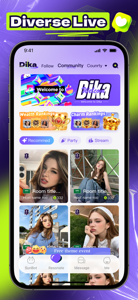 Dika - Aplicativo móvel Dika mostrando a interface da comunidade Diverse Live com perfis de usuários e classificações