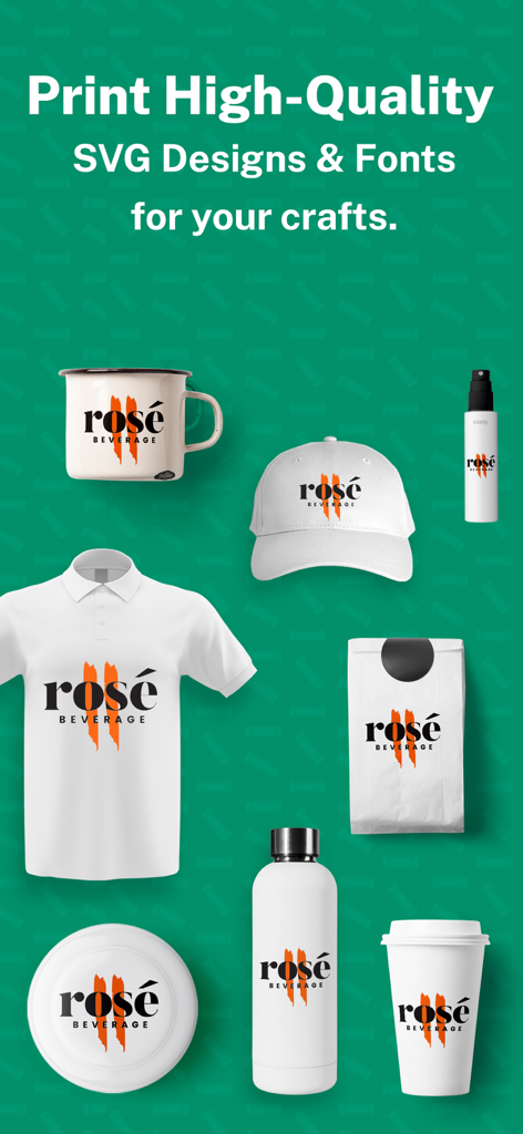 Una varietà di articoli artigianali fai-da-te come una maglietta, un cappello e una tazza con design SVG personalizzati e font di alta qualità.