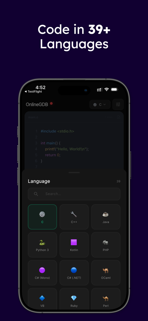 Smartphone display of OnlineGDB code editor showing a menu to select from over 39 programming languages including C Python and Java.