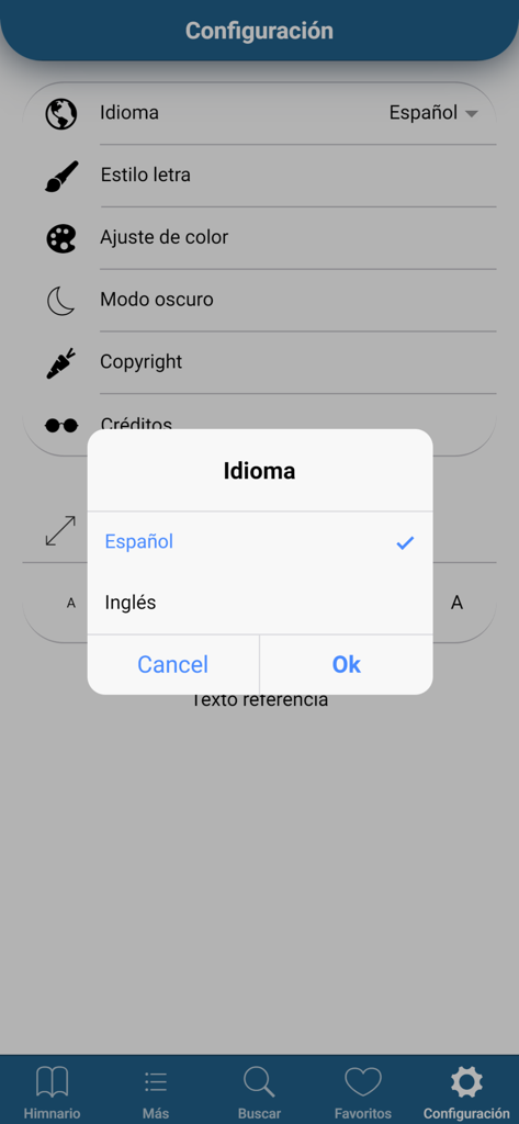 Menú de selección de idioma en la configuración de la aplicación del himnario LLDM