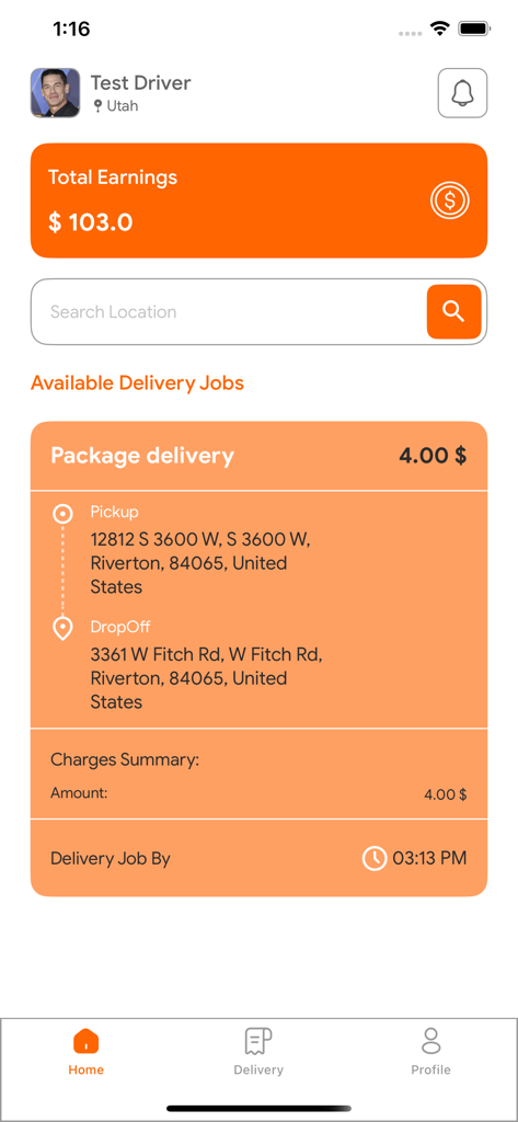 Bytech Systems Services - Home screen of the Bytech Systems Services app for drivers showing total earnings and available package delivery jobs with pickup and drop-off addresses.