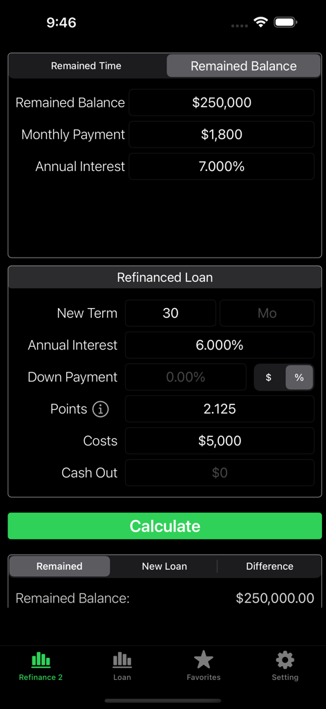 Refinance-Home Loan Calculator - Interfaz de la aplicación Calculadora de Refinanciamiento Hipotecario que muestra los campos de comparación de hipotecas actuales y nuevas