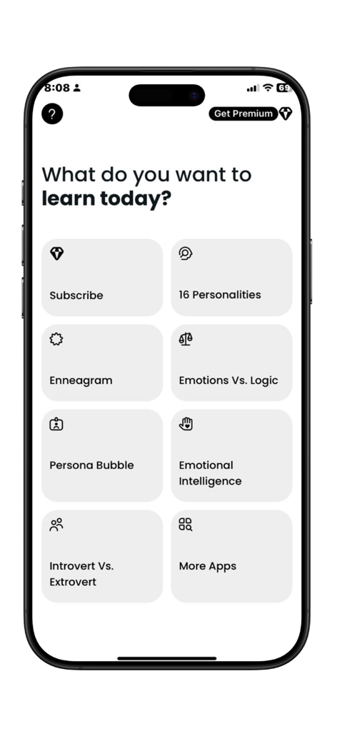 Personality Enneagram: IQ Test - 性格テストアプリのホーム画面。エニアグラム、16の性格、感情的知能の評価オプションが表示されます。