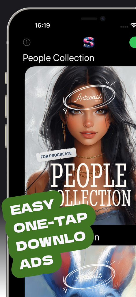 Stamps for Procreate - A preview of the People Collection in the Stamps for Procreate app with a one tap download feature