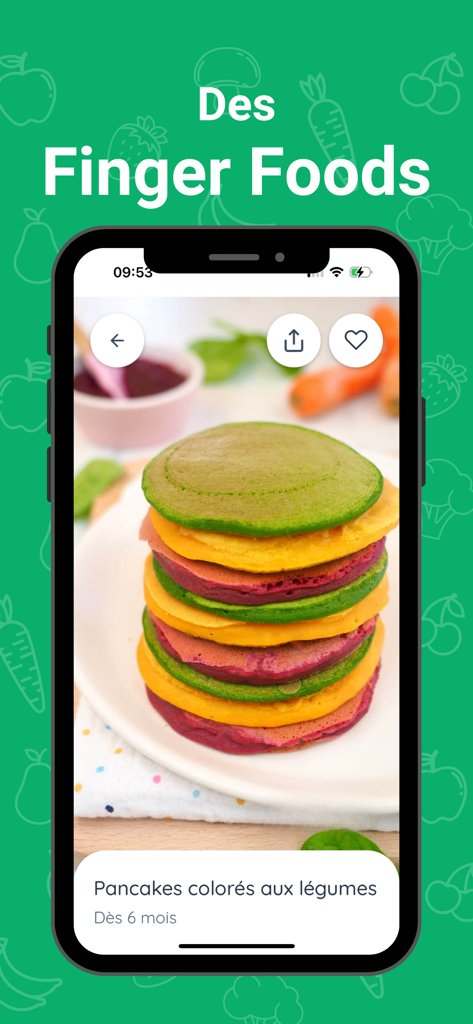 Cuisinez pour bébé - Cuisinez pour bébéアプリの画面に、カラフルな野菜のパンケーキが表示されている。