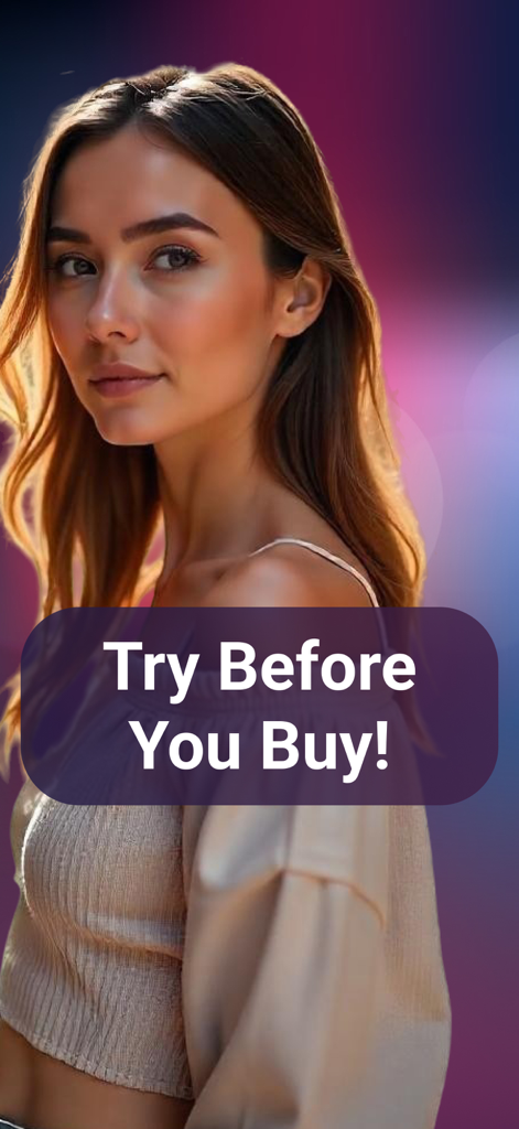 Try On AI - Try Clothes Via AI - Uma jovem estilosa em uma blusa bege com um texto sobreposto dizendo Experimente Antes de Comprar para o aplicativo Try On AI