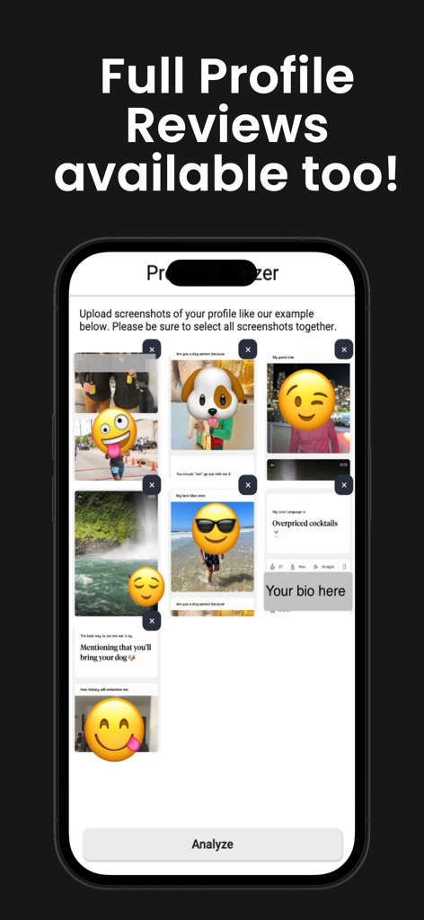 Hitch: Dating Profile Reviewer - Hitch app screen showing multiple profile screenshots ready for AI analysis.