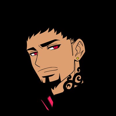 a realistic black  anime boy with a goatee with neck tattoos and short hair