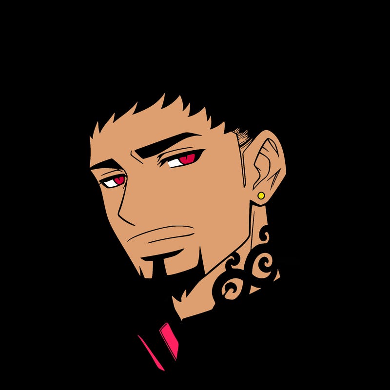 a realistic black  anime boy with a goatee with neck tattoos and short hair