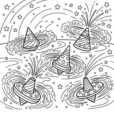Get ready for a dazzling display of color with this exciting ground spinners fireworks coloring page, perfect for young artists. Featuring five dynamic spinners amidst swirls and stars, it's designed to spark imagination and joy for kids aged 4-8.