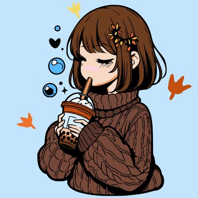 manga girl drinking boba in cozy sweater