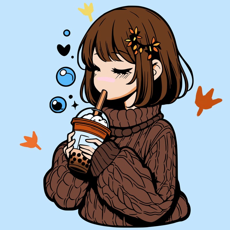 manga girl drinking boba in cozy sweater