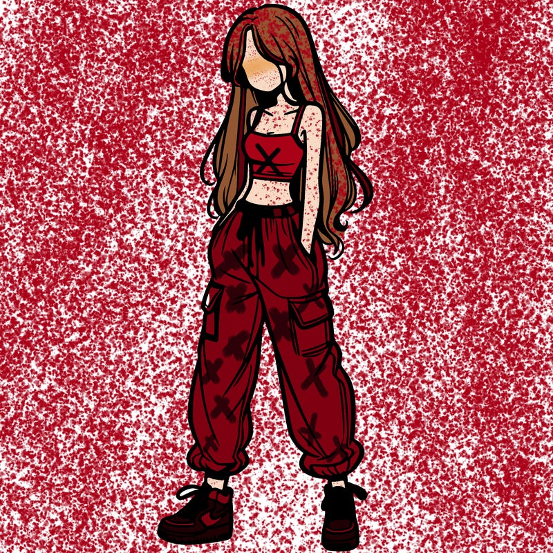 girl in baggy pants crop top and long hair